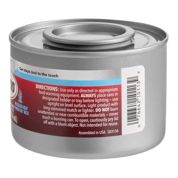 A can of Sterno 4 Hour Safe Heat chafing fuel with a power pad.