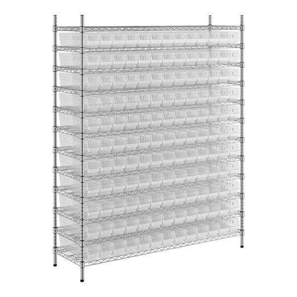 A metal wire shelving unit with clear plastic bins on it.