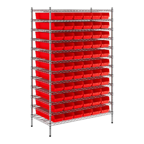 A Regency metal wire shelving unit with red bins on it.