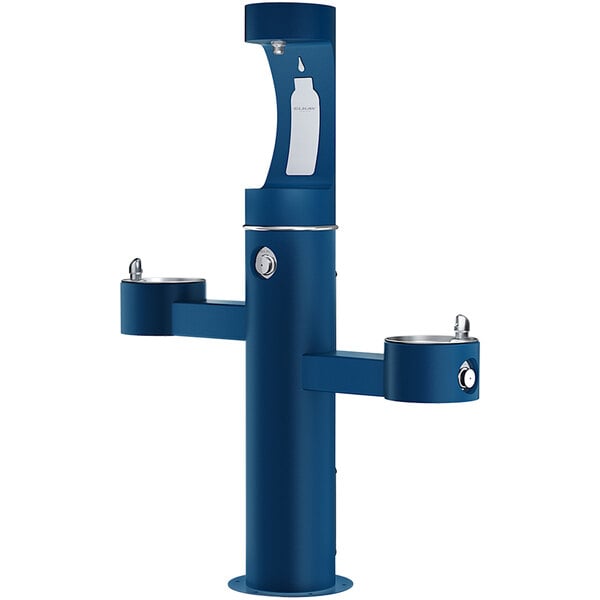 An Elkay blue outdoor tri-level pedestal drinking fountain with two water dispensers.