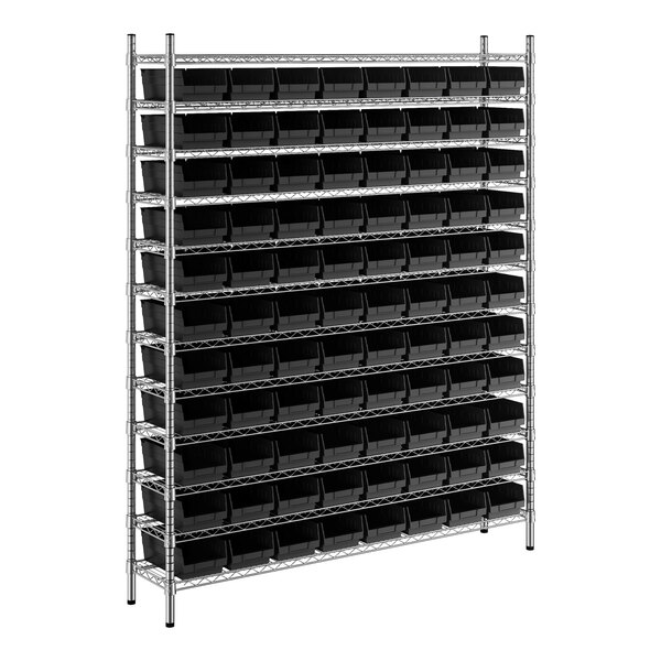 A metal rack with black bins on it.