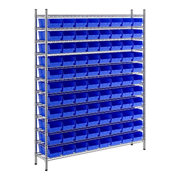 A metal rack with blue bins on each shelf.