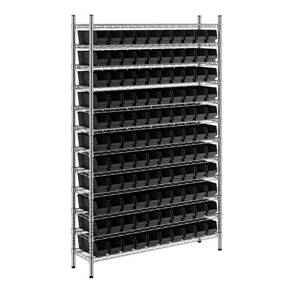 A white metal Regency wire shelving unit with black bins.