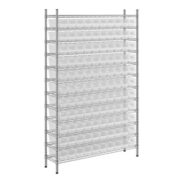 A wire rack with many clear plastic bins on it.