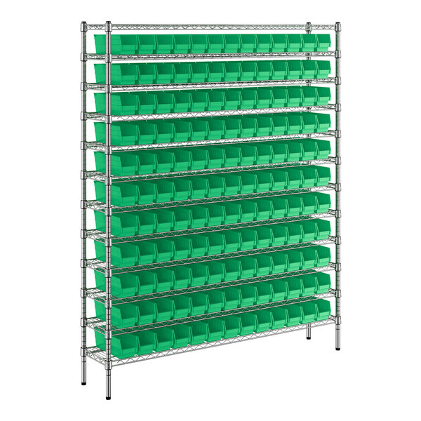 A metal Regency wire shelving unit with green bins on each shelf.