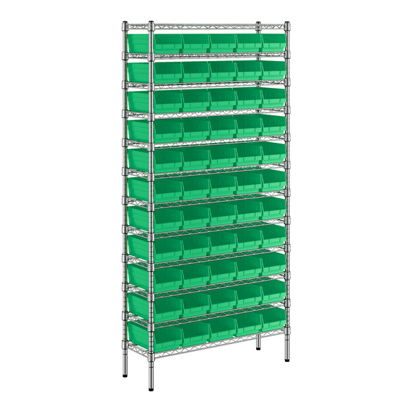 A metal Regency wire shelving unit with green bins.