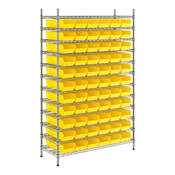 A Regency wire shelving unit with yellow bins on each shelf.