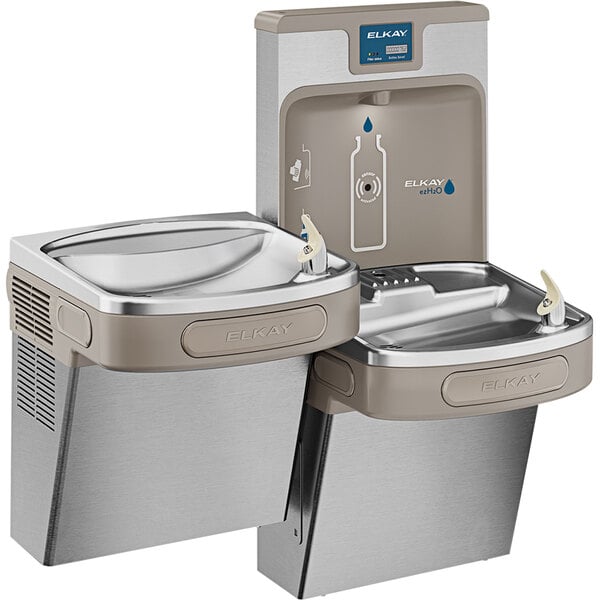 An Elkay stainless steel bi-level water fountain with a bottle filling station and drinking fountain.