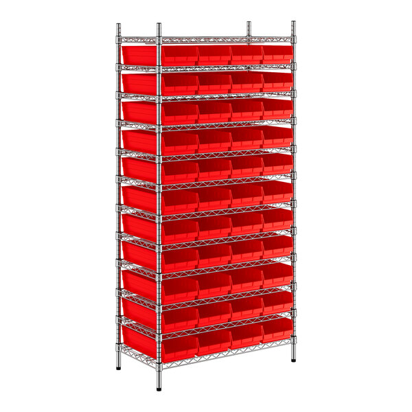 A Regency metal wire shelving unit with red bins on white shelves.
