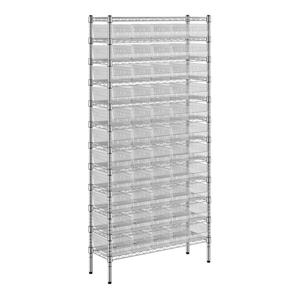A Regency metal wire shelving unit with clear bins on several shelves.