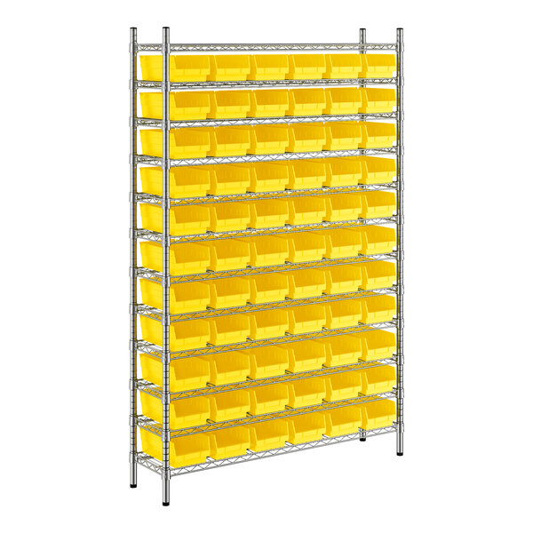 A Regency metal wire shelving unit with yellow bins on each shelf.
