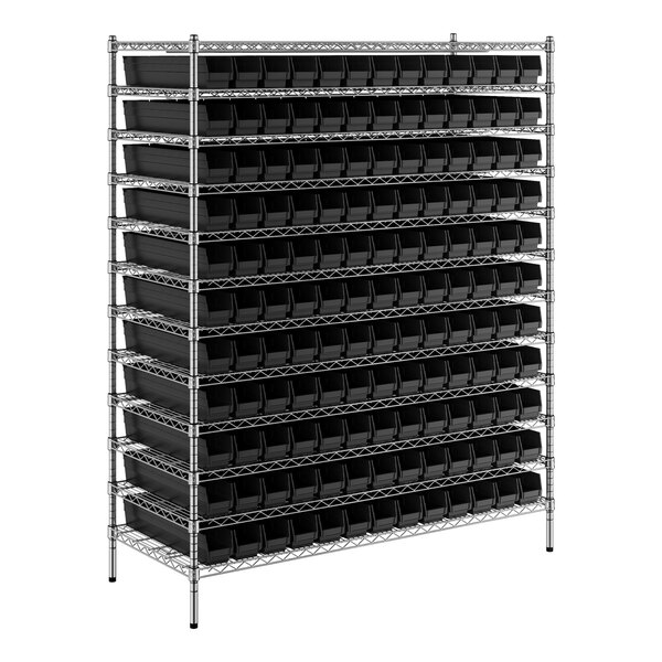 A black metal Regency wire shelving unit with black bins.