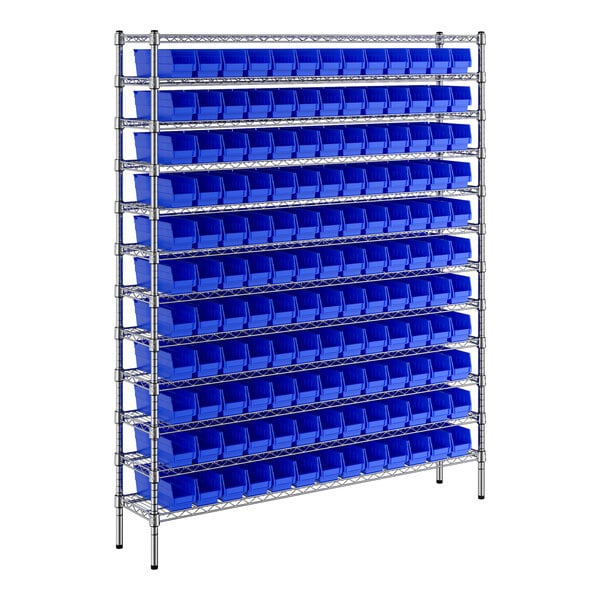 A metal rack with blue bins on it.