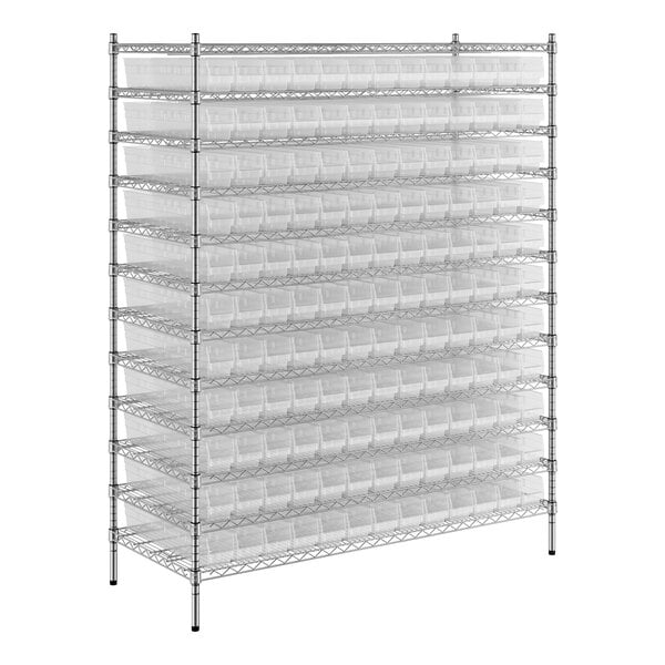 A large metal rack with 143 clear plastic bins.