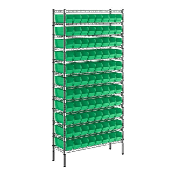 A metal Regency wire shelving unit with green bins.