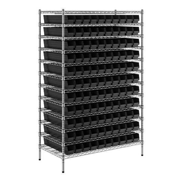 A black metal Regency shelving unit with black bins.