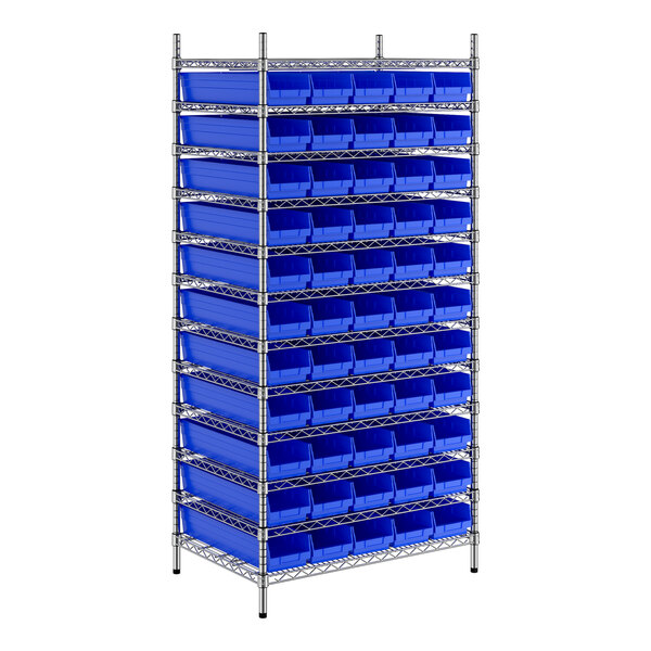 A Regency metal shelving unit with blue bins on a metal rack.