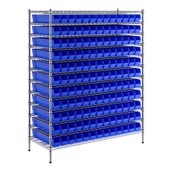 A Regency metal wire shelving unit with blue bins on metal shelves.