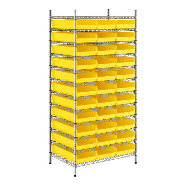 A metal wire shelving unit with yellow bins on every shelf.