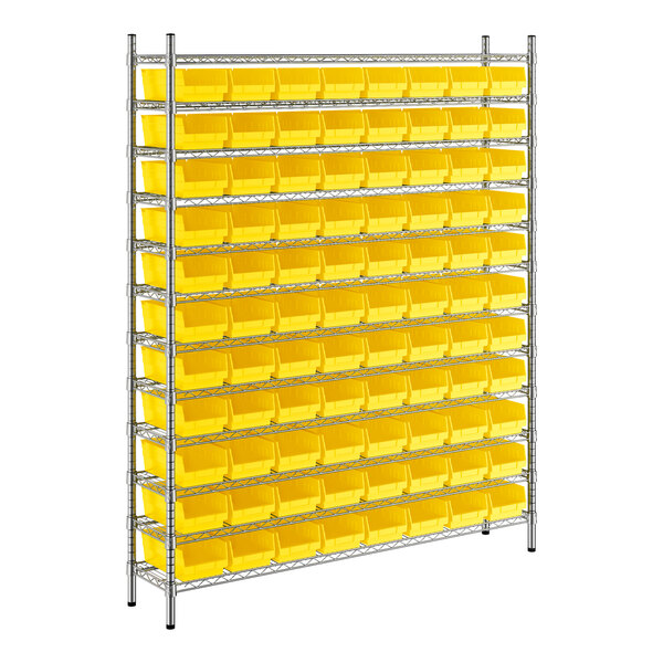 A Regency metal wire shelving unit with yellow bins on each shelf.