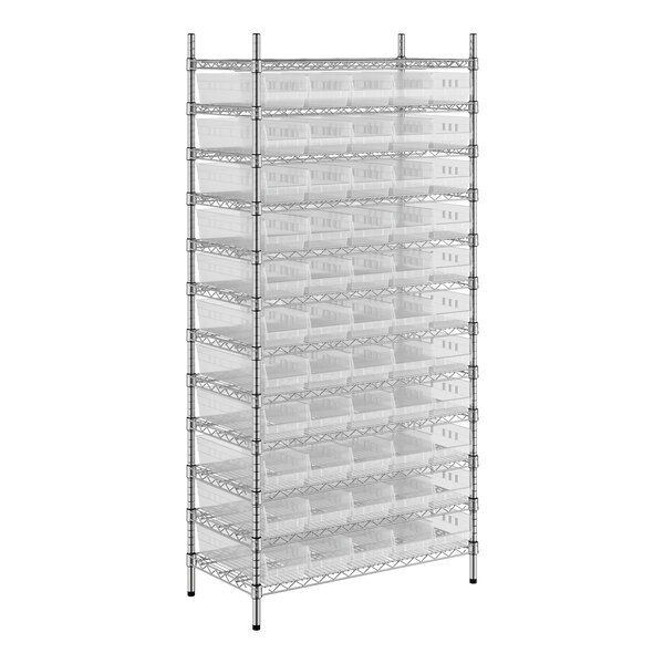 A Regency wire shelving unit with clear plastic bins on each shelf.