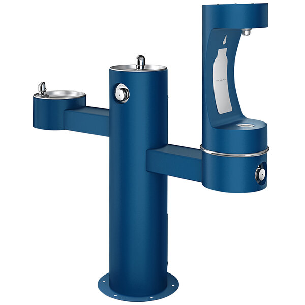 An Elkay blue outdoor pedestal drinking fountain with two water fountains.