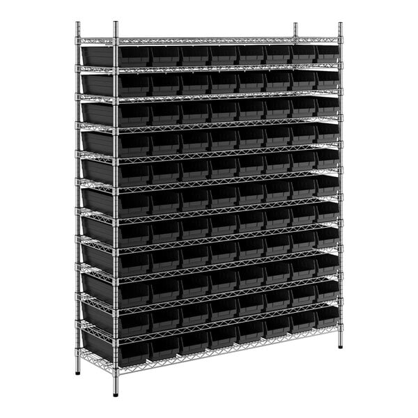 A metal Regency wire shelving unit with black bins.