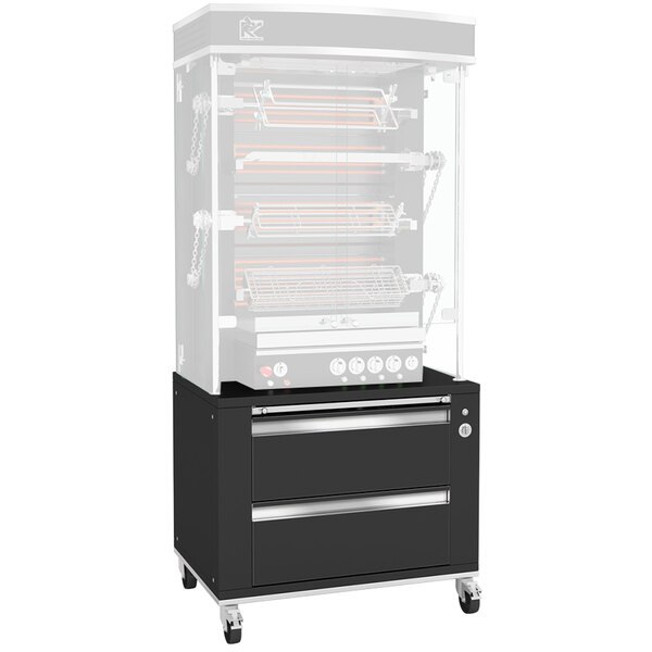 A black and silver Rotisol-France LUX base cabinet with chrome trim.
