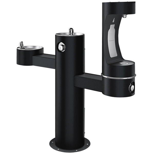 a black water fountain with two water fountains