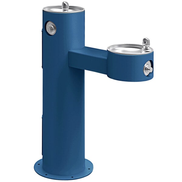 An Elkay blue non-filtered outdoor bi-level pedestal drinking fountain with silver taps.