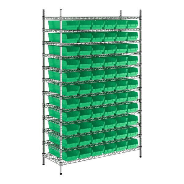 A metal Regency wire shelving unit with green bins.