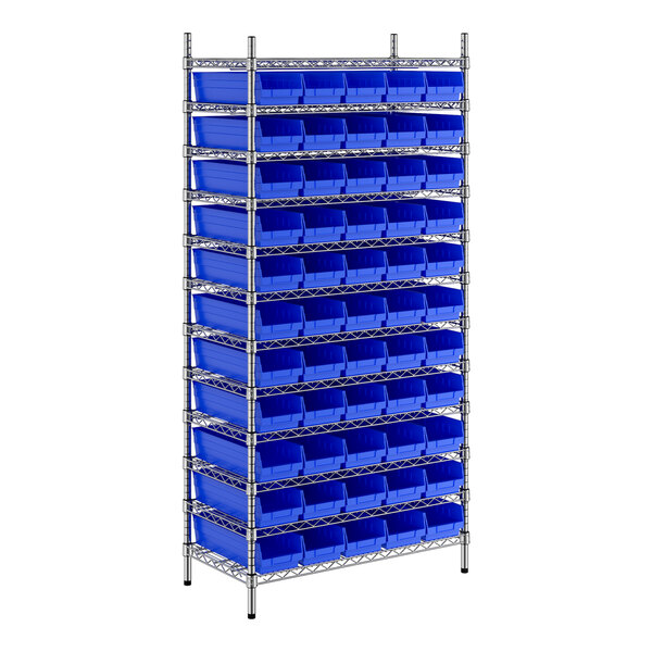 A Regency metal wire shelving unit with blue bins on it.