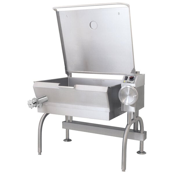 A Cleveland stainless steel electric open base tilt skillet with a lid.