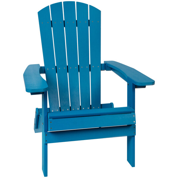A blue Flash Furniture faux wood Adirondack chair with armrests.