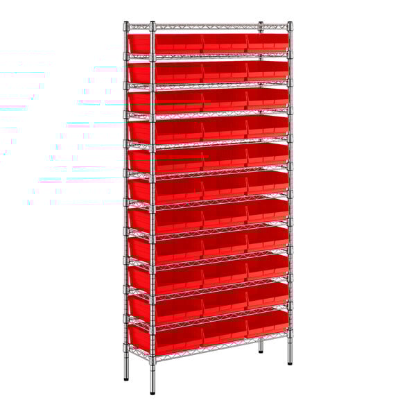 A metal wire shelving unit with red bins on metal shelves.