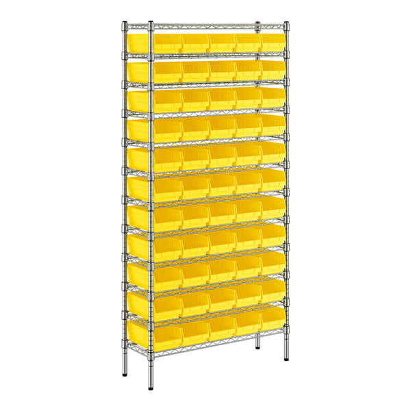A Regency metal wire shelving unit with yellow bins on each shelf.