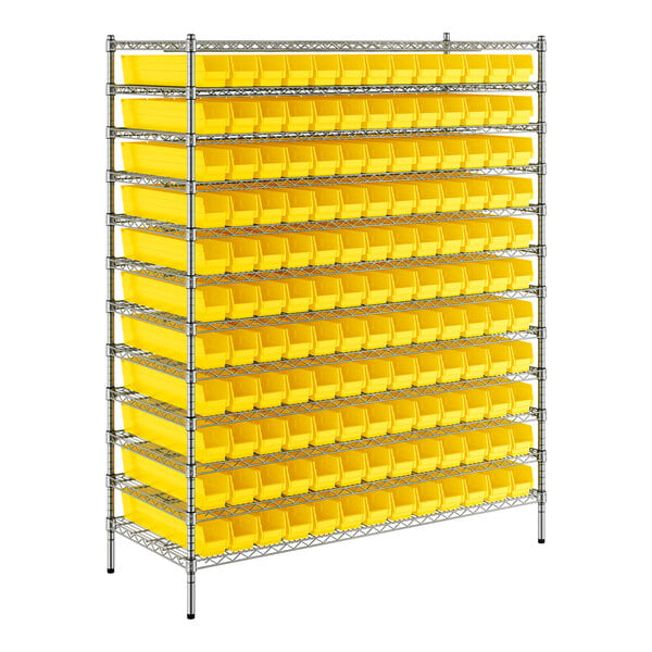 A Regency wire shelving unit with yellow bins on each shelf.