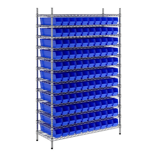 A Regency metal wire shelving unit with blue bins on it.