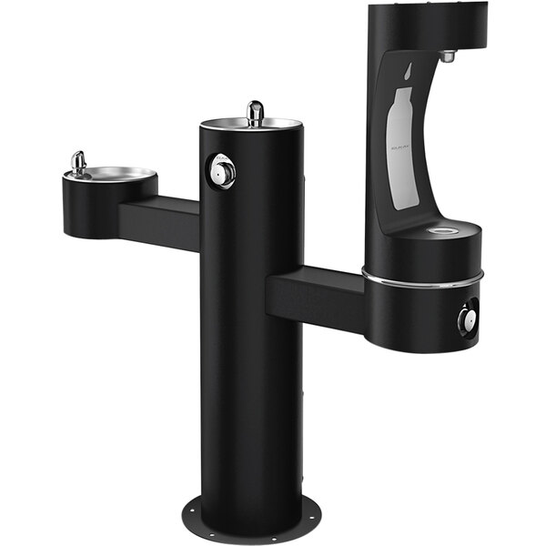 An Elkay black outdoor tri-level drinking fountain with two water fountains.