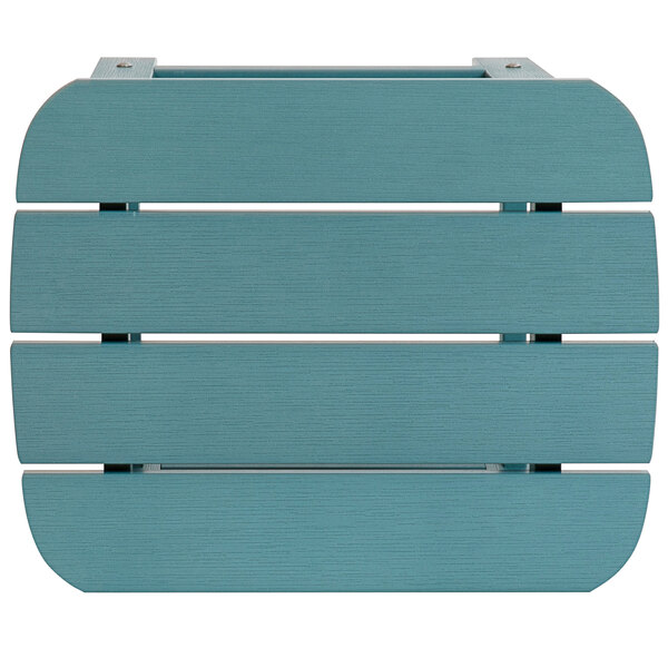 A teal faux wood side table with slats.