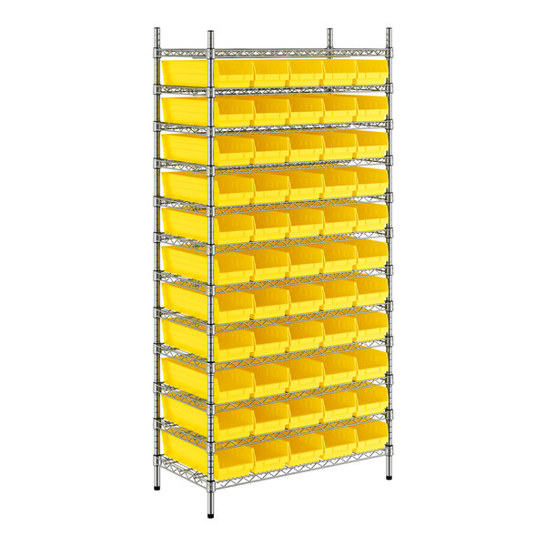 A Regency wire shelving unit with yellow bins on each shelf.