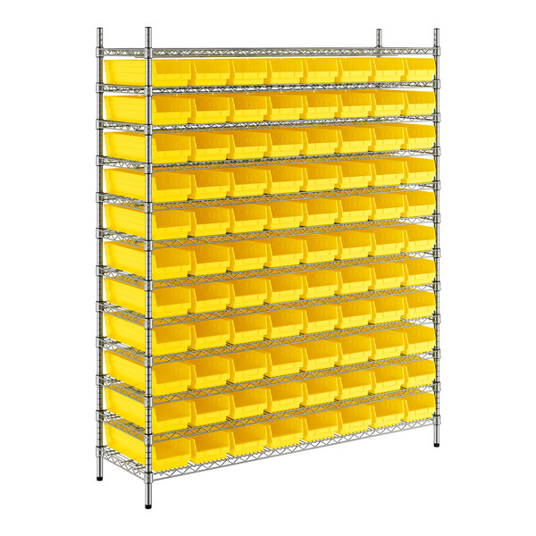 A Regency metal wire shelving unit with yellow bins on the shelves.