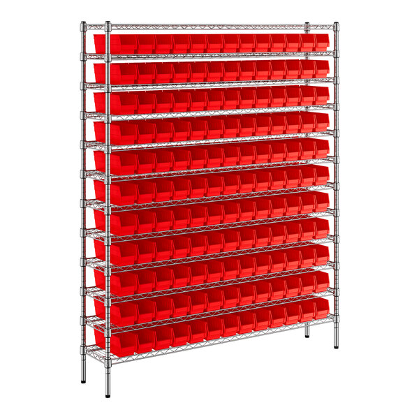 A Regency metal wire shelving unit with red bins.