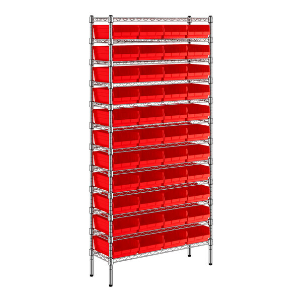 A metal wire shelving unit with red plastic bins on each shelf.