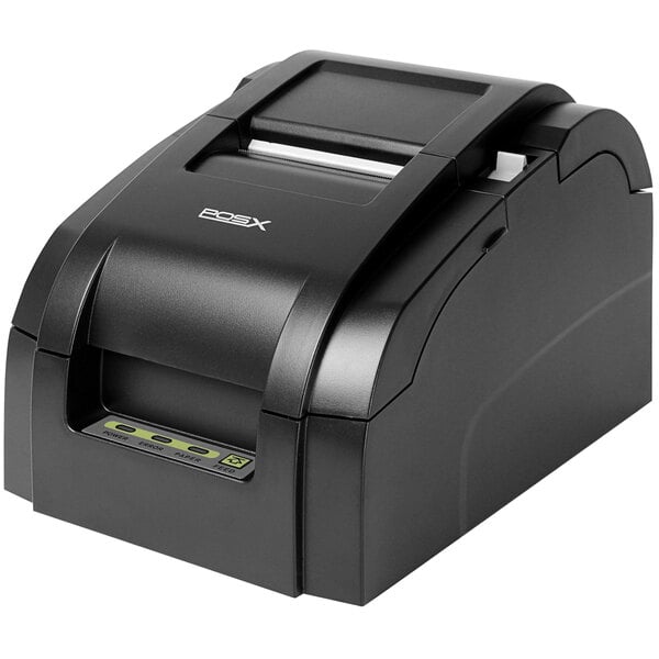 A black POS-X EVO Impact receipt printer with a green label.