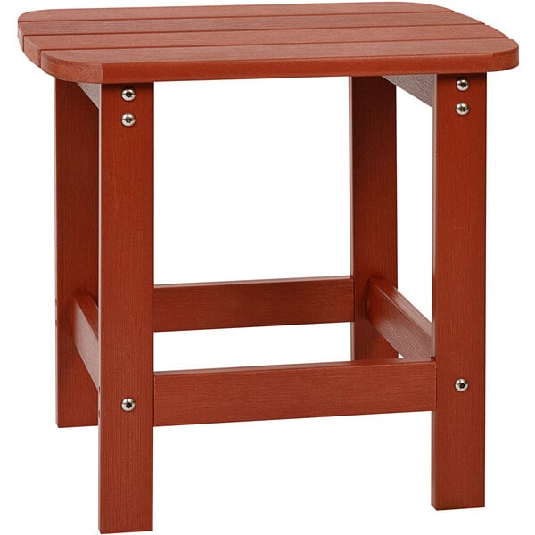 A Flash Furniture Charlestown red faux wood side table with a metal base.