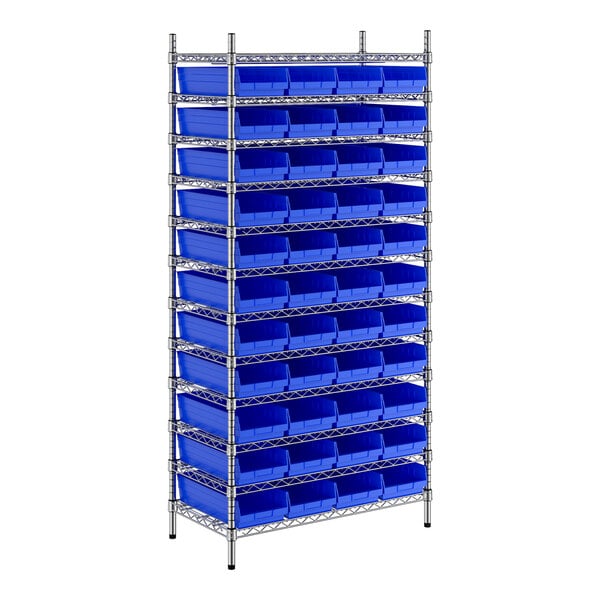 A Regency metal shelving unit with blue bins on metal shelves.