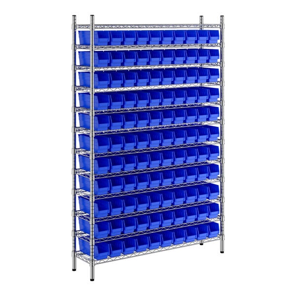 A Regency metal shelving unit with blue bins on a metal rack.