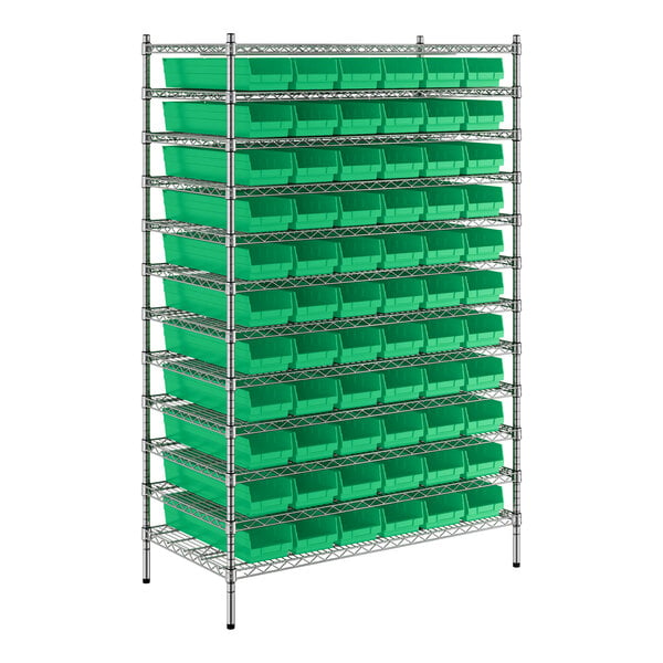 A white Regency wire shelving unit with green bins.