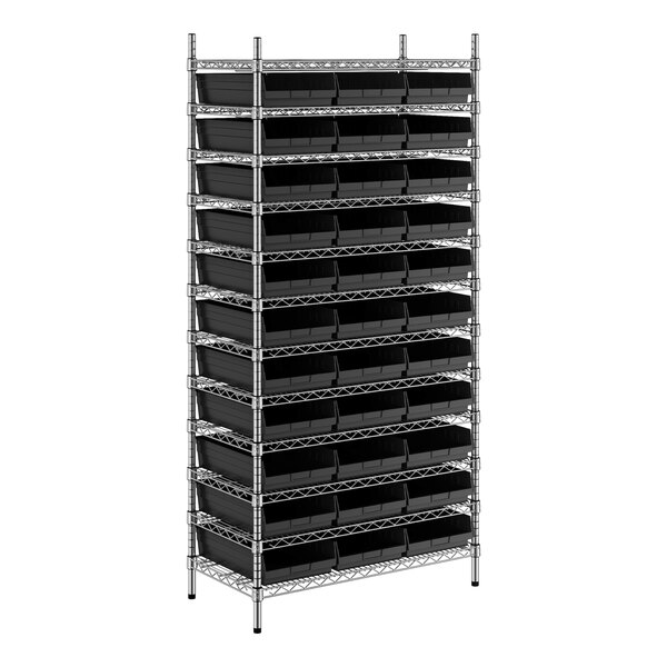 A black metal Regency shelving unit with black plastic bins.